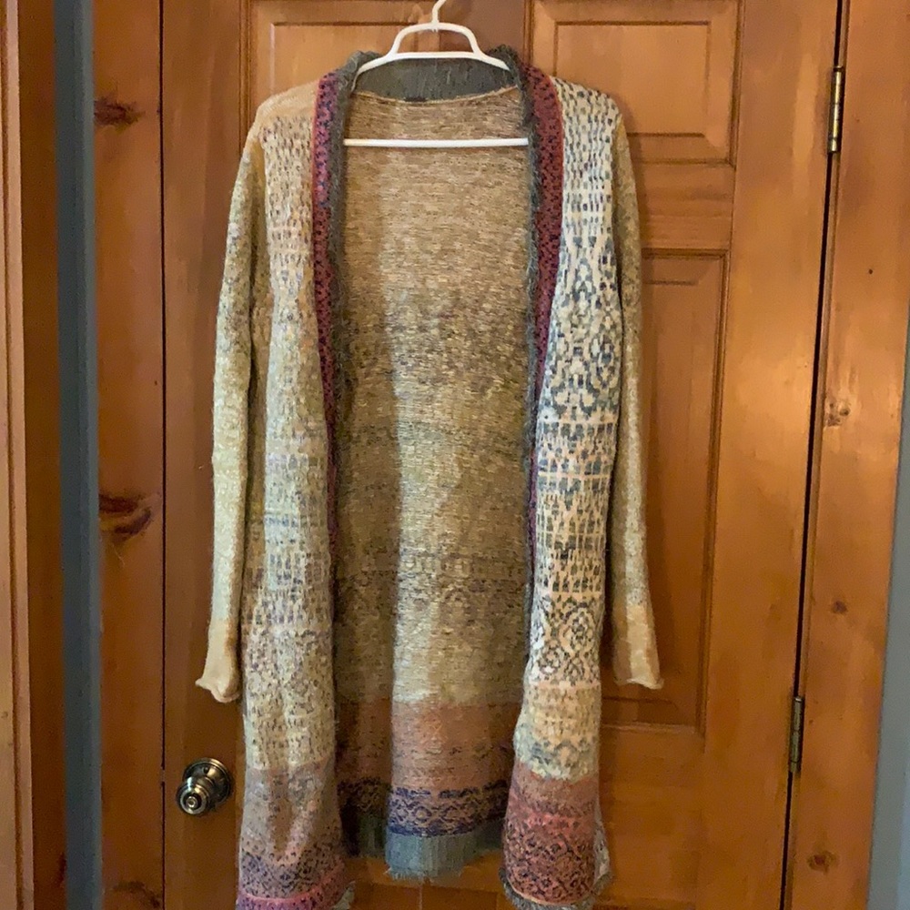 Free People Multicolor Open-Front Knit Cardigan - Tan, Cream, Pink, Blue Accents